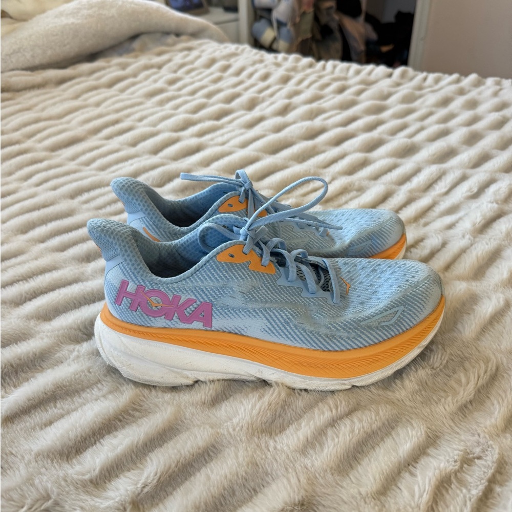 HOKA Women’s Light Blue and Orange Running Shoes